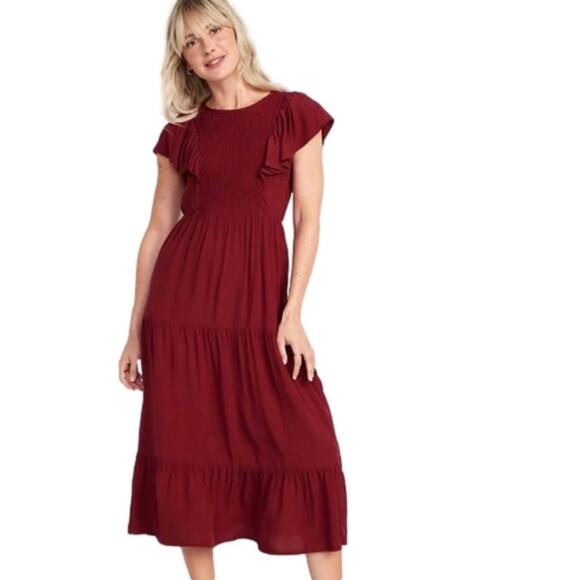 Old Navy Midi Dress Fit Flare Flutter Sleeve Red Tiered Smocked Women's XL - Picture 1 of 10